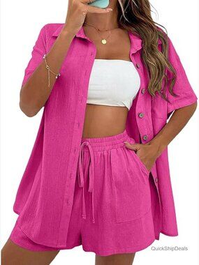 Cotton Linen 2 Piece Short Set Lounge Beach Vacation Tracksuit